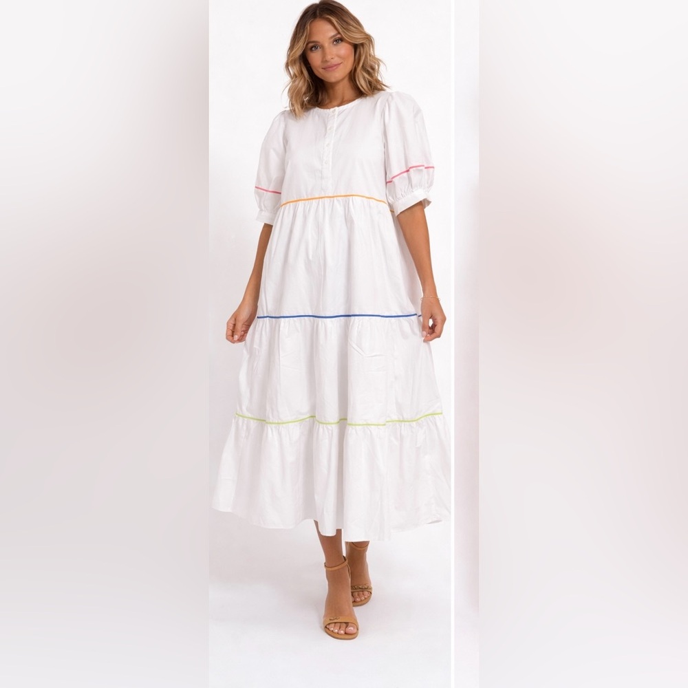 EUC Revolve English Factory Size XS Oversized White Midi Dress w Multicolor Trim